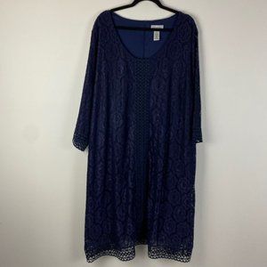 Catherines Shift Dress Womens 4X Floral Lace 3/4 Sleeves Scoop Neck